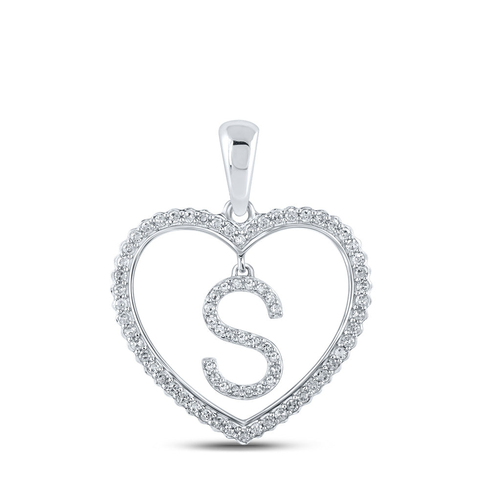 10K White Gold Womens Round Diamond Heart Letter Pendant
