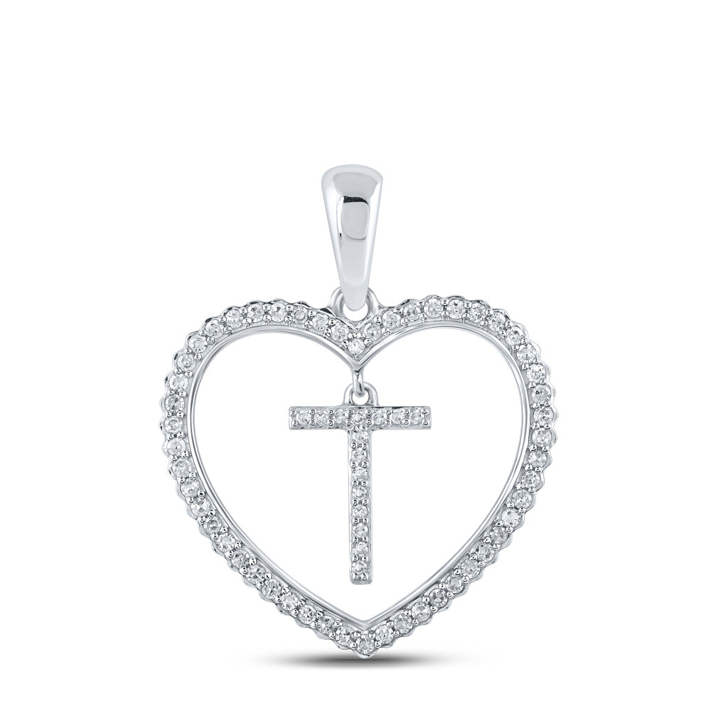 10K White Gold Womens Round Diamond Heart Letter Pendant