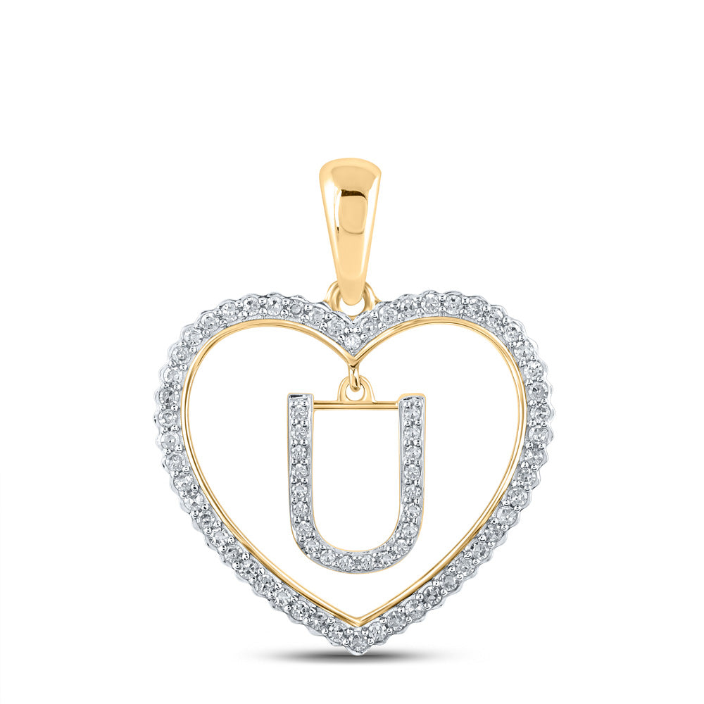 10K Yellow Gold Womens Round Diamond Heart Letter Pendant