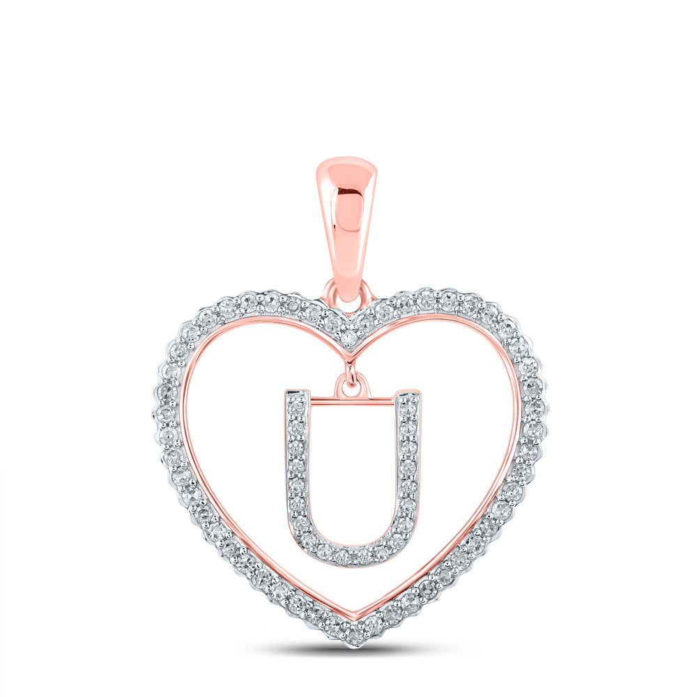 10K Rose Gold Womens Round Diamond Heart Letter Pendant