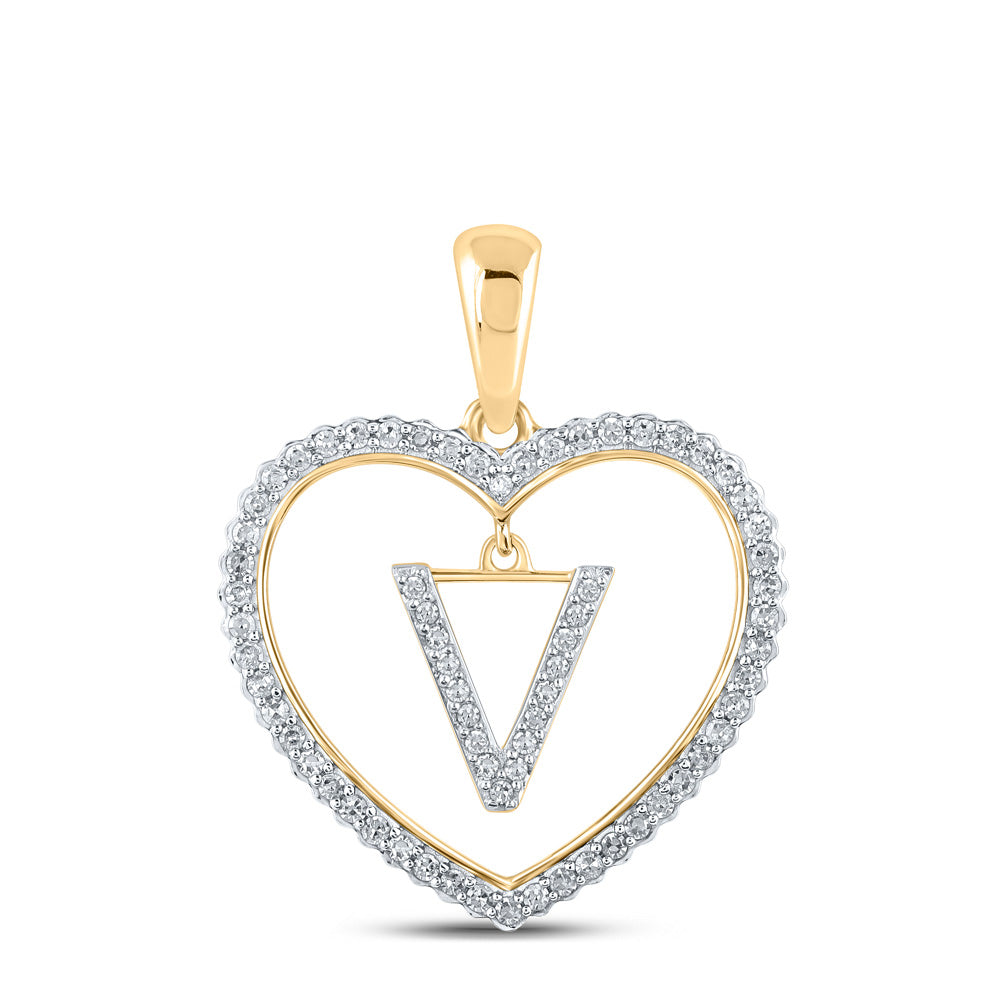 10K Yellow Gold Womens Round Diamond Heart Letter Pendant