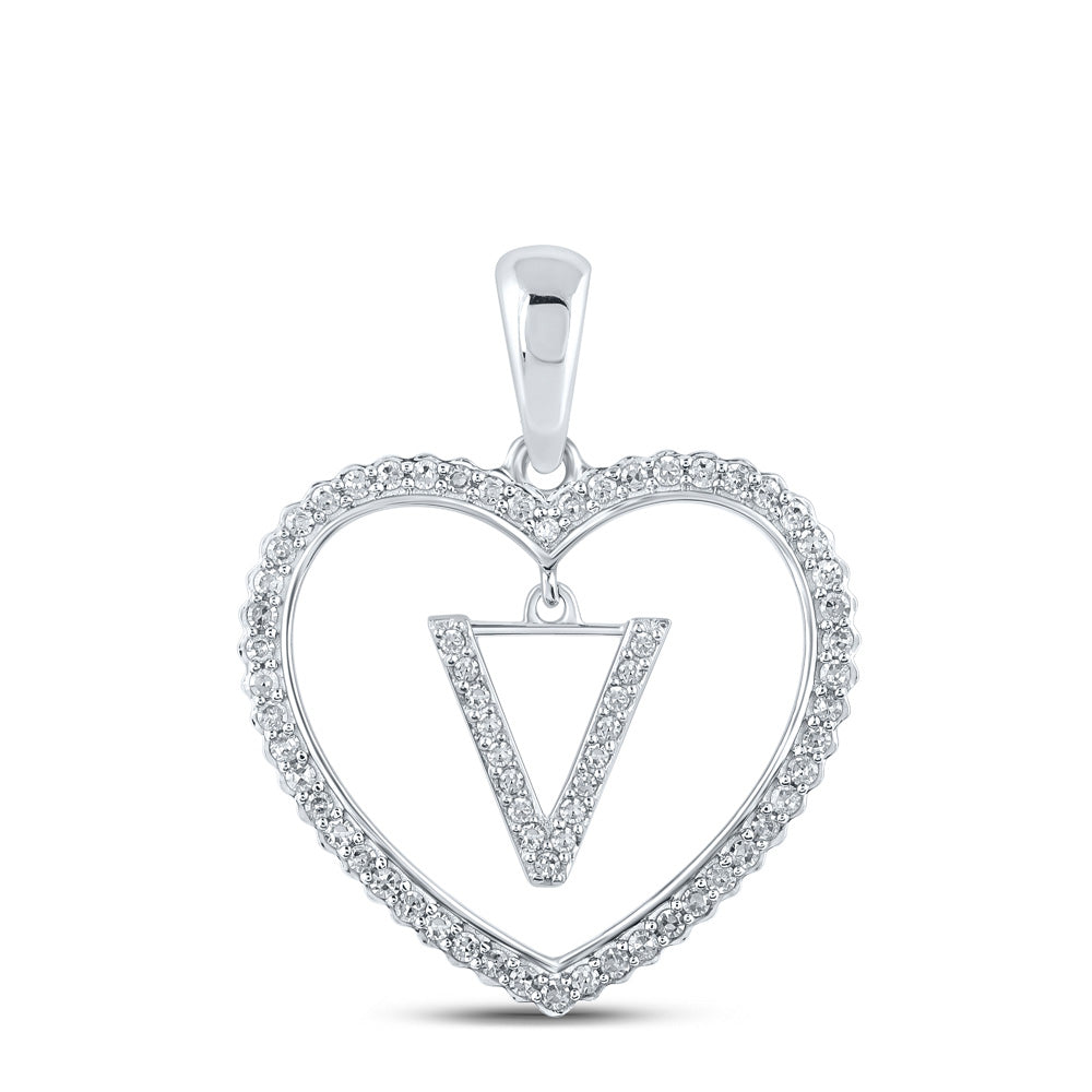 10K White Gold Womens Round Diamond Heart Letter Pendant