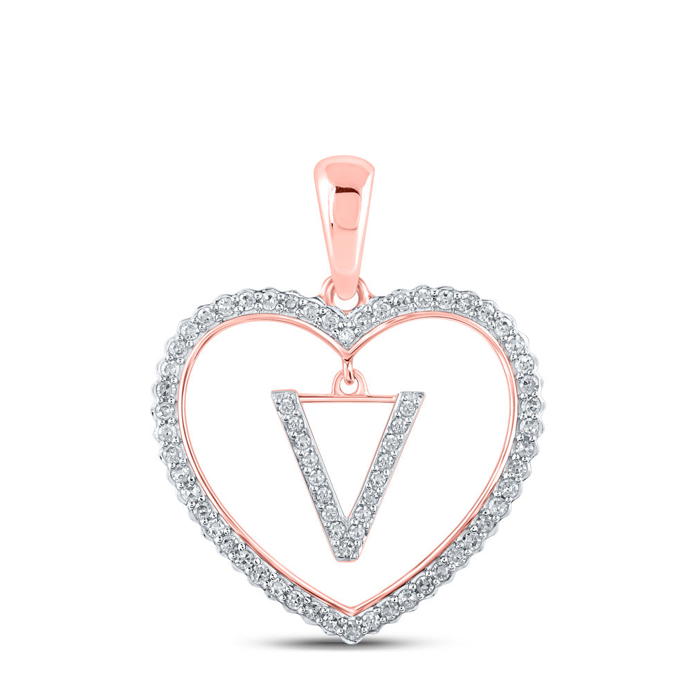 10K Rose Gold Womens Round Diamond Heart Letter Pendant