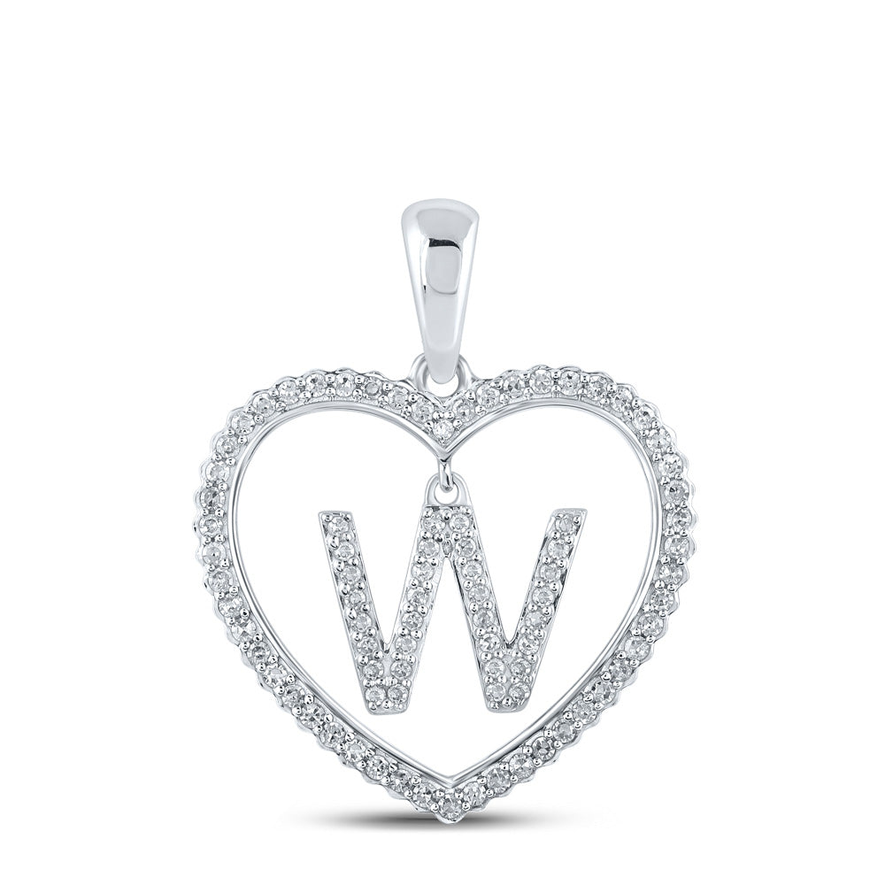 10K White Gold Womens Round Diamond Heart Letter Pendant