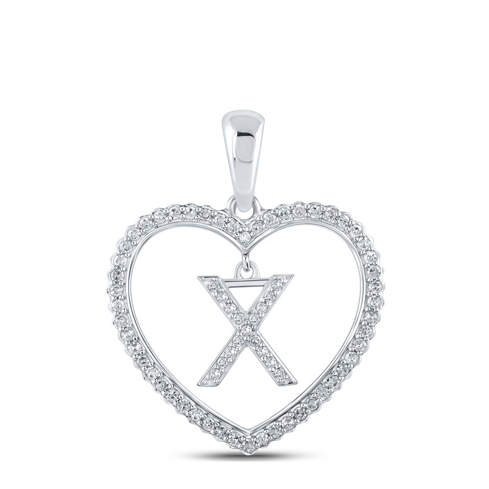 10K White Gold Womens Round Diamond Heart Letter Pendant