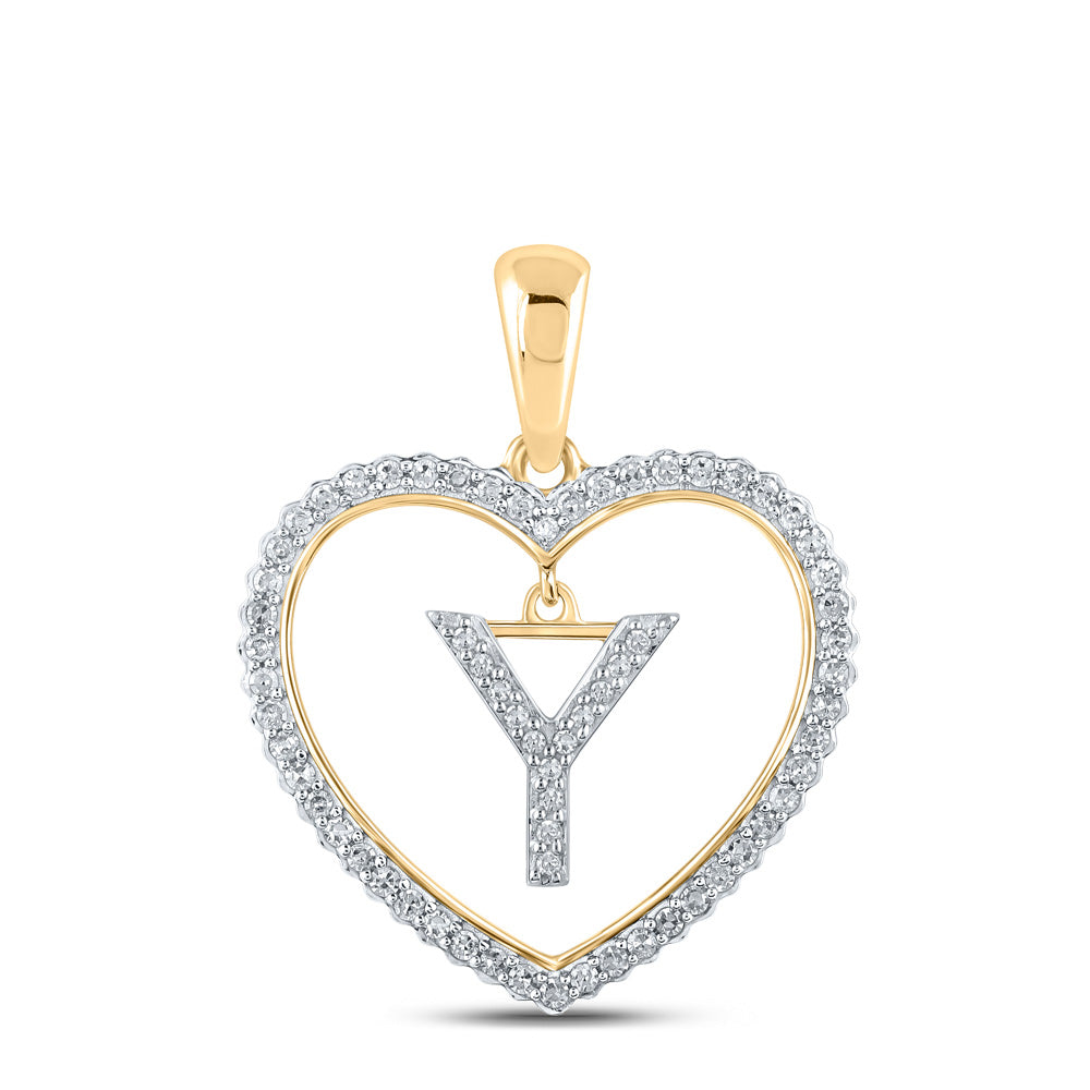 10K Yellow Gold Womens Round Diamond Heart Letter Pendant