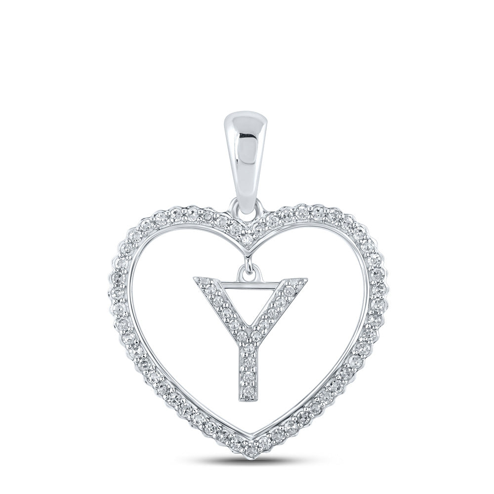 10K White Gold Womens Round Diamond Heart Letter Pendant