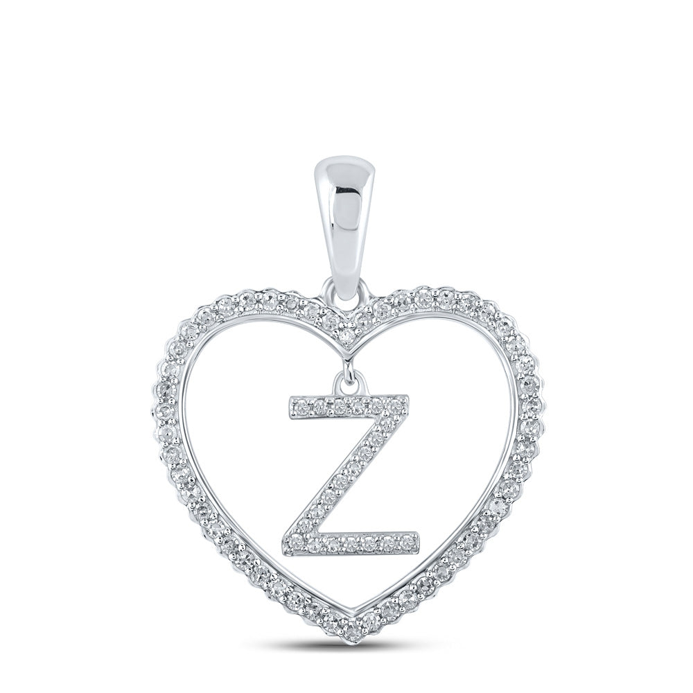 10K White Gold Womens Round Diamond Heart Letter Pendant