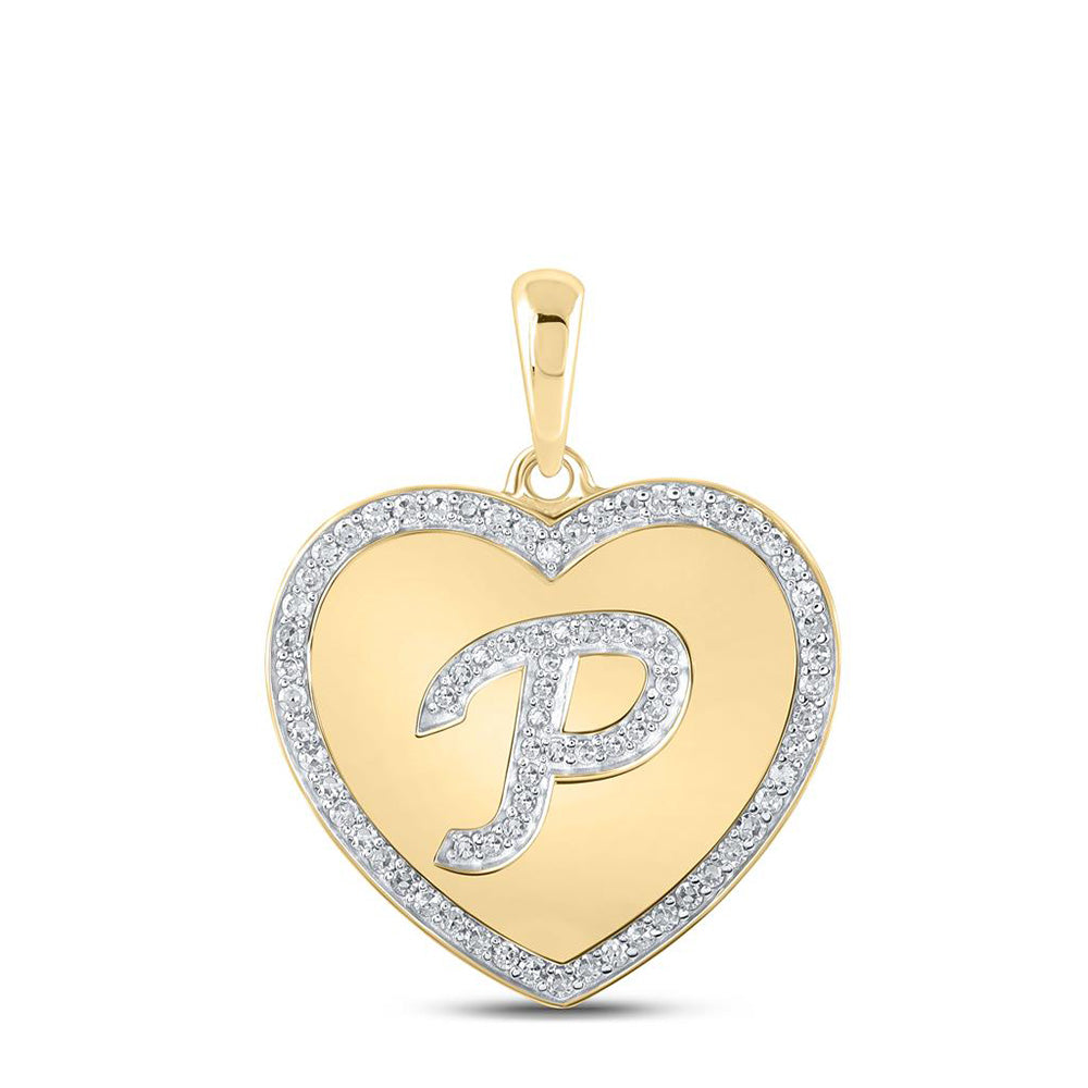 10K Yellow Gold Womens Round Diamond Heart Letter Pendant