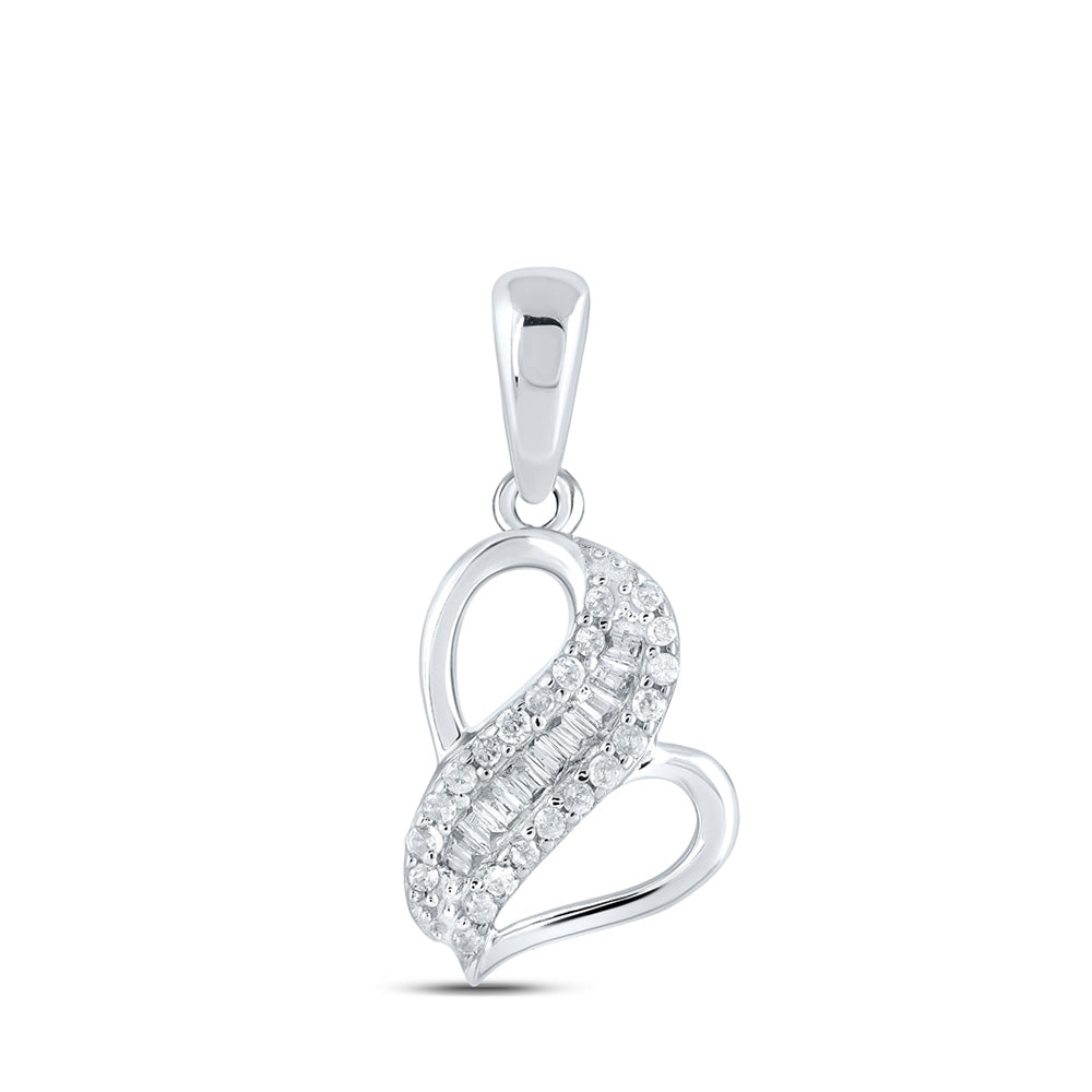 10K White Gold Womens Baguette Diamond Heart Pendant 1/10 Cttw