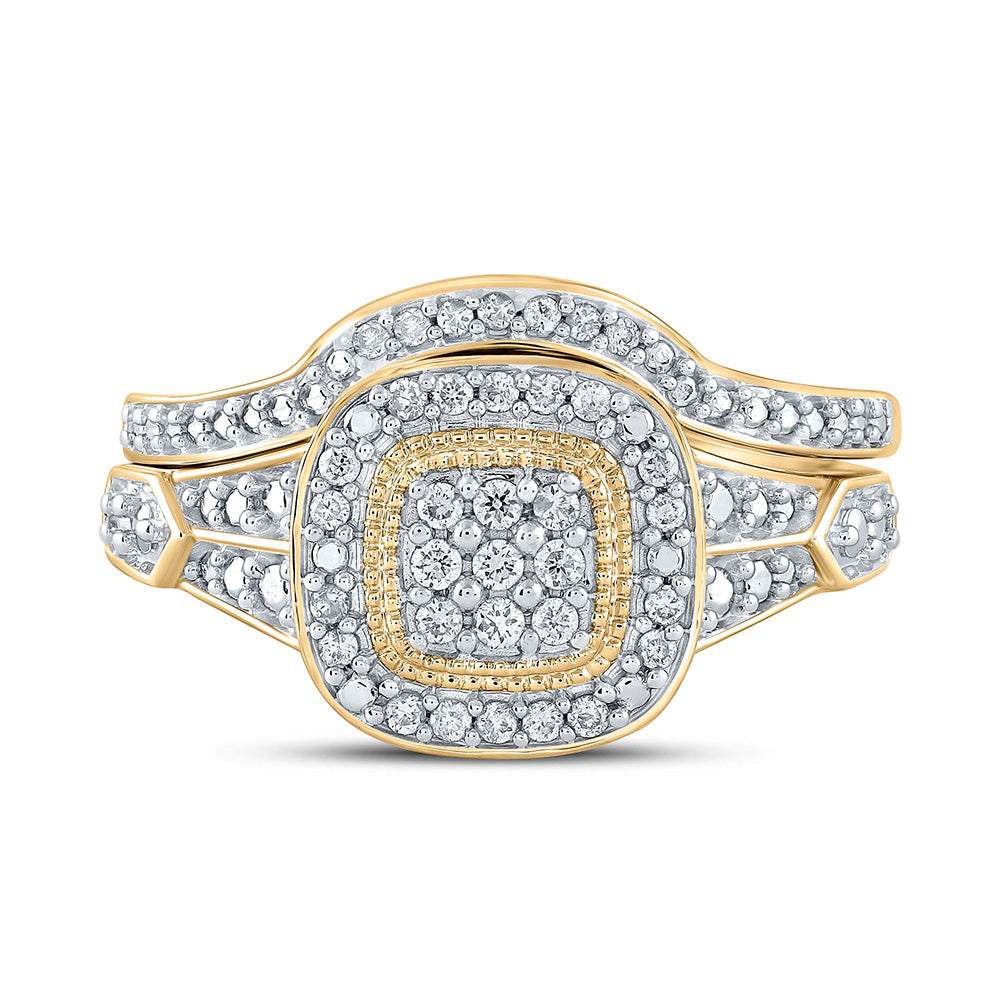 10K Yellow Gold Round Diamond Cluster Bridal Wedding Ring Band Set 1/5 Cttw, Womens Size: 5-10