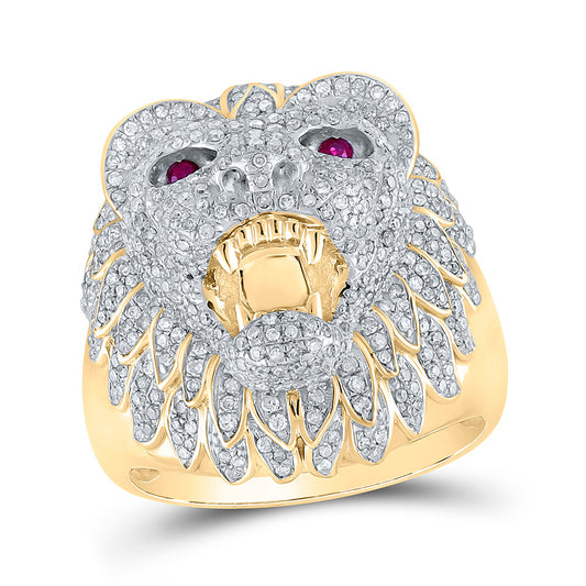10K Yellow Gold Mens Round Diamond Lion Animal Ring 1-3/8 Cttw, Mens Size: 7-13