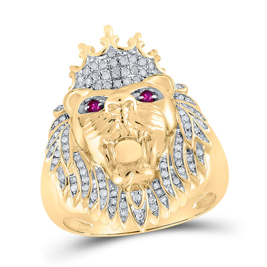 10K Yellow Gold Mens Round Diamond Lion Animal Ring 1/2 Cttw, Mens Size: 7-13
