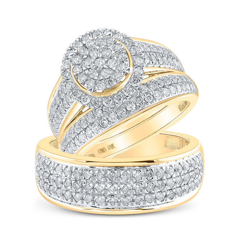 10K Yellow Gold His Hers Round Diamond Cluster Matching Wedding Set 1-3/4 Cttw, Womens Size: 5-10, Mens Size: 7-13