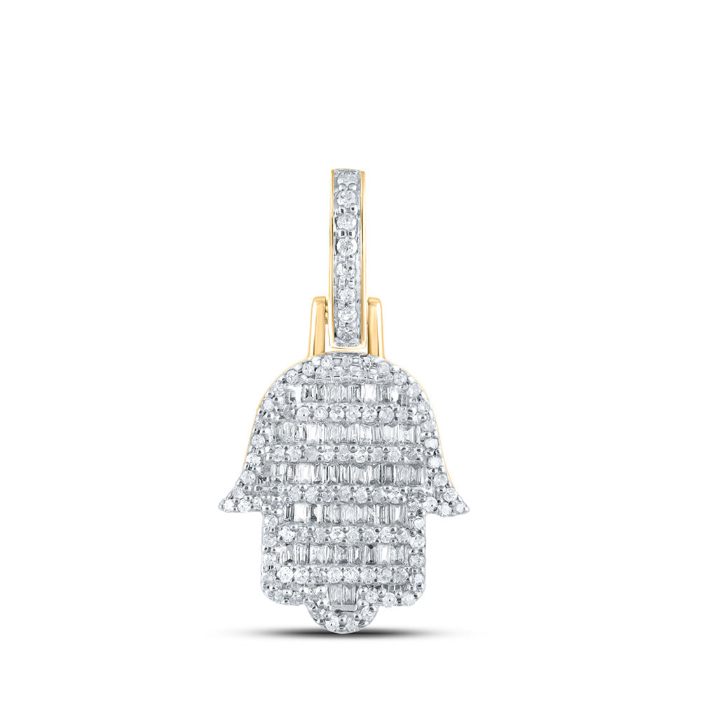 10K Yellow Gold Mens Baguette Diamond Hamsa Charm Pendant 1/2 Cttw, Length: 0.96 In, Width: 0.56 In