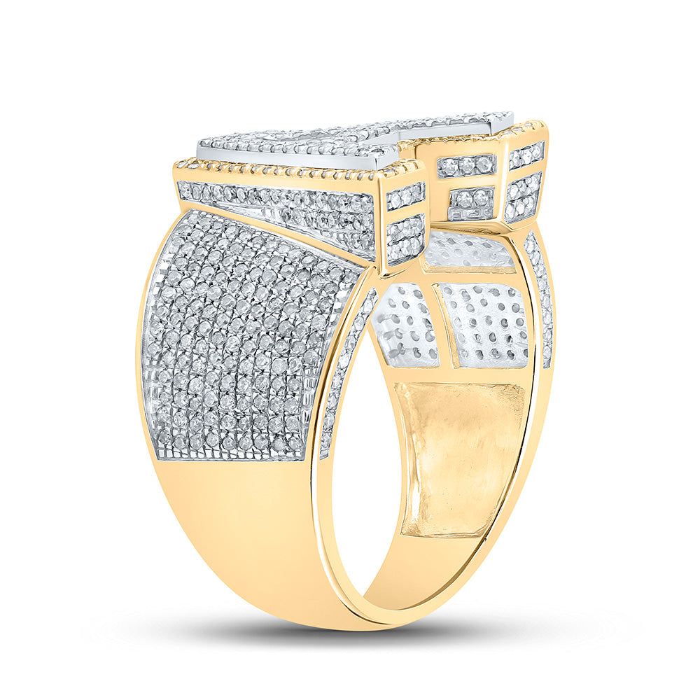 10K Two-tone Gold Mens Round Diamond Initial Letter Ring
