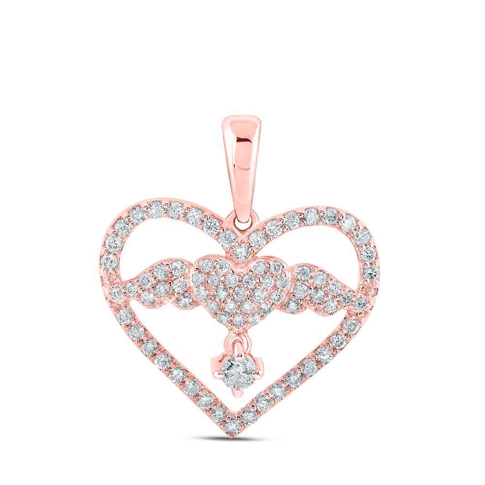 10K Rose Gold Womens Round Diamond Angel Heart Pendant 5/8 Cttw
