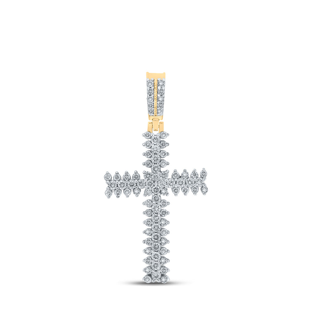 10K Yellow Gold Mens Round Diamond Cross Charm Pendant 2-3/8 Cttw