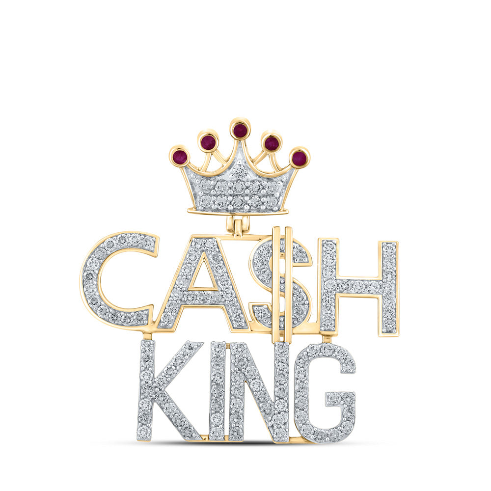 10K Yellow Gold Mens Round Ruby Diamond Cash King Phrase Charm Pendant 3-3/4 Cttw, Length: 1.93 In, Width: 1.93 In