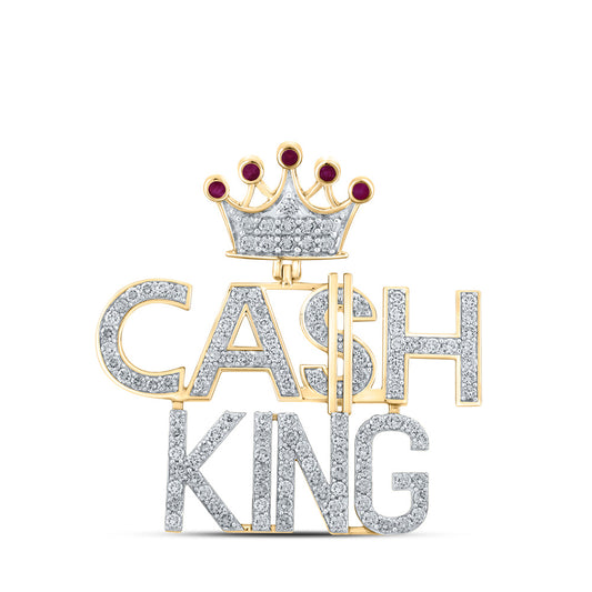 10K Yellow Gold Mens Round Ruby Diamond Cash King Phrase Charm Pendant 3-3/4 Cttw, Length: 1.93 In, Width: 1.93 In
