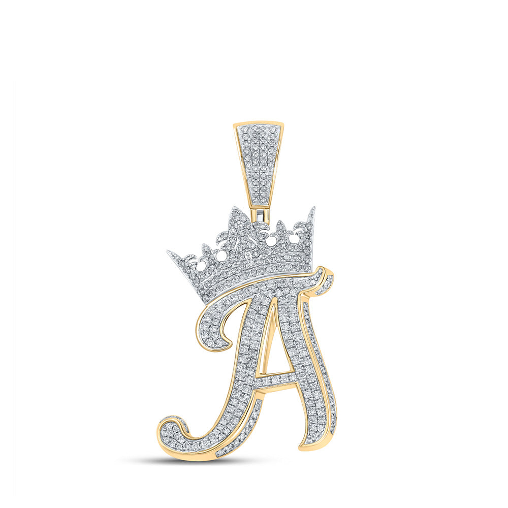 10K Yellow Or Rose Gold Mens Round Diamond Crown Letter Charm Pendant