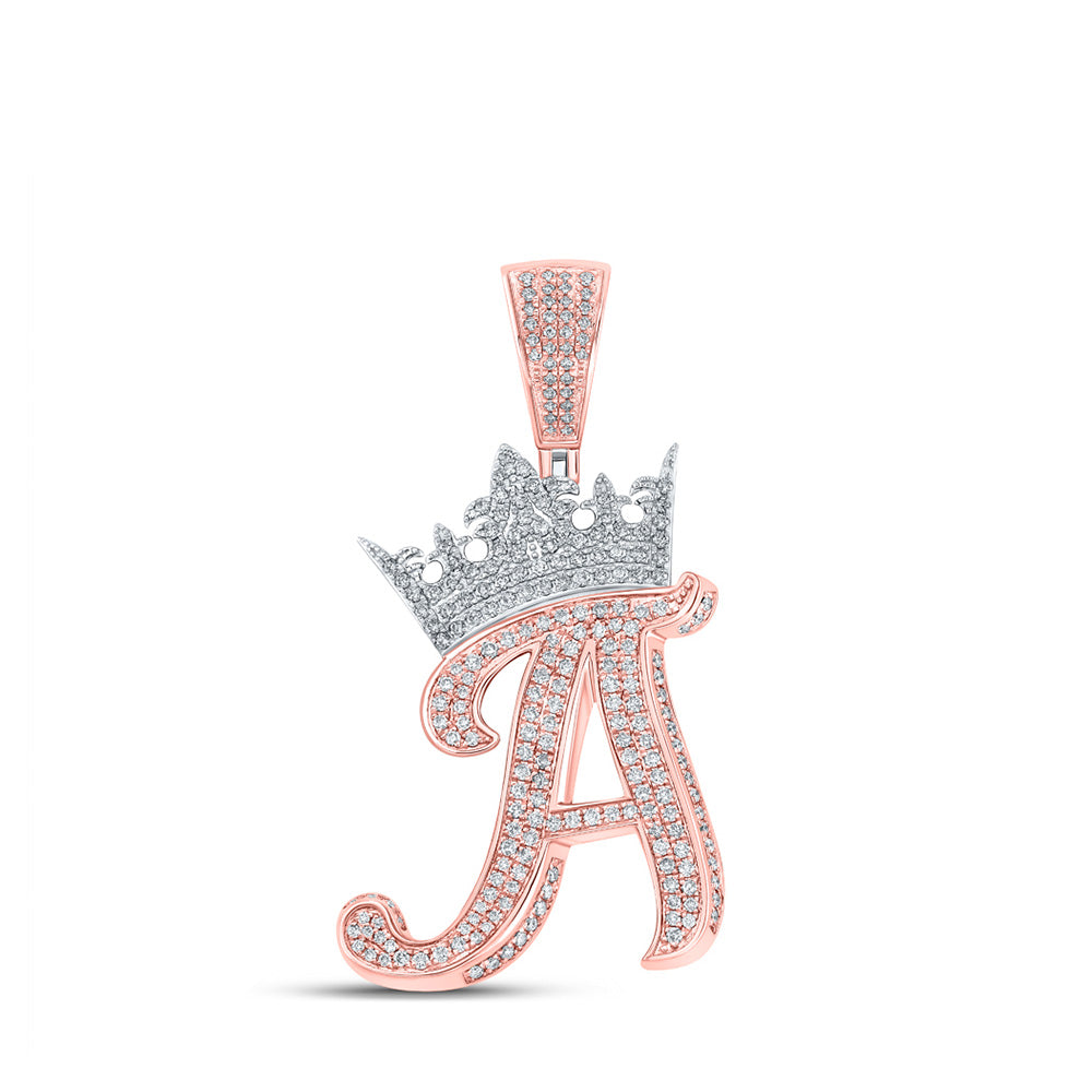 10K Yellow Or Rose Gold Mens Round Diamond Crown Letter Charm Pendant