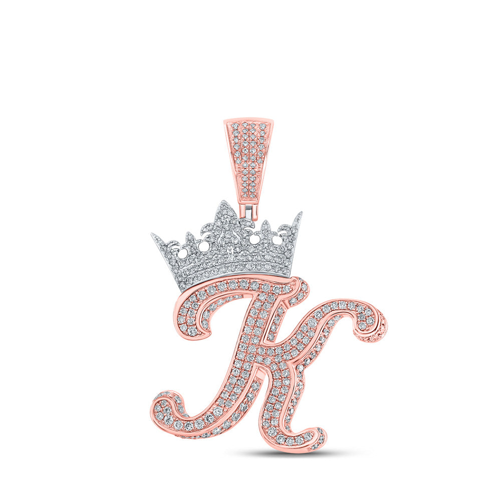 10K Yellow Or Rose Gold Mens Round Diamond Crown Letter Charm Pendant