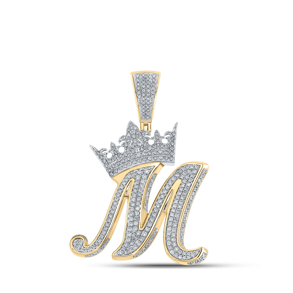 10K Yellow Or Rose Gold Mens Round Diamond Crown Letter Charm Pendant