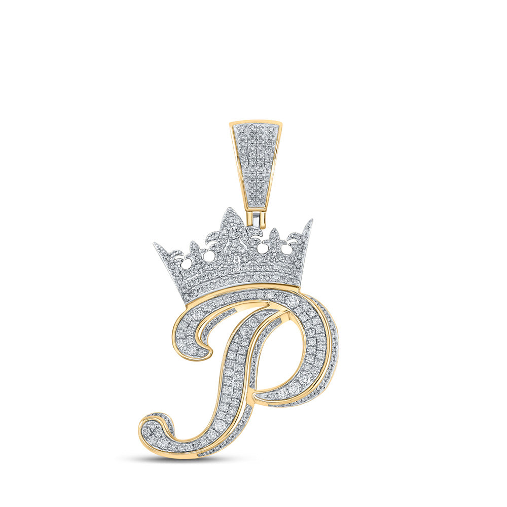 10K Yellow Or Rose Gold Mens Round Diamond Crown Letter Charm Pendant