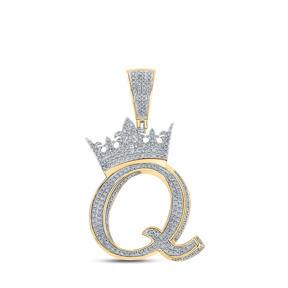 10K Yellow Or Rose Gold Mens Round Diamond Crown Letter Charm Pendant