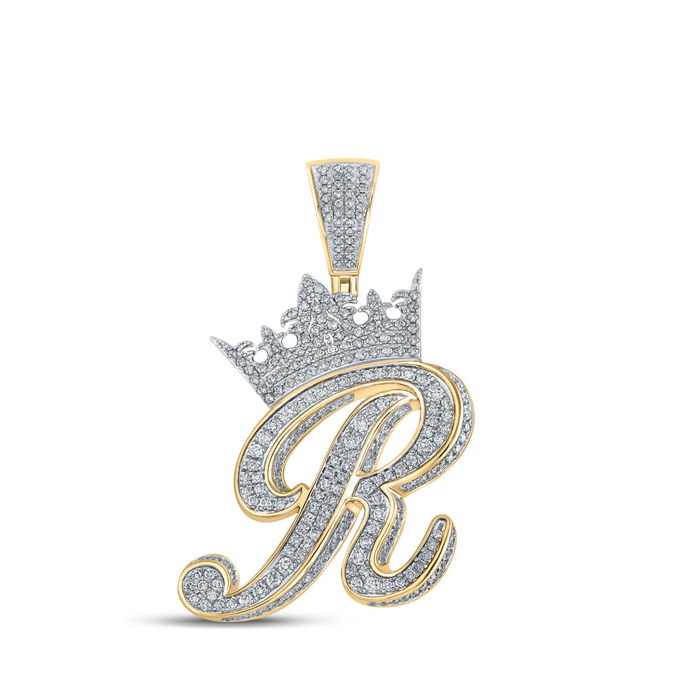 10K Yellow Or Rose Gold Mens Round Diamond Crown Letter Charm Pendant