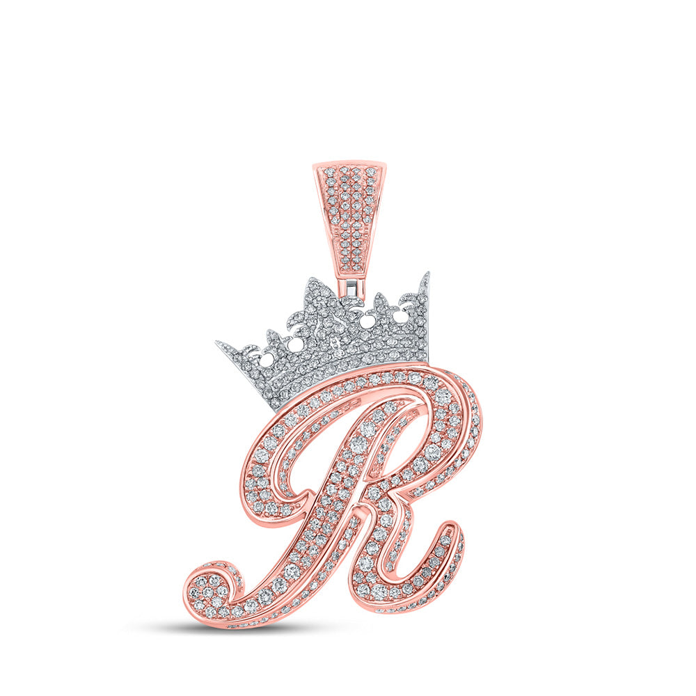 10K Yellow Or Rose Gold Mens Round Diamond Crown Letter Charm Pendant