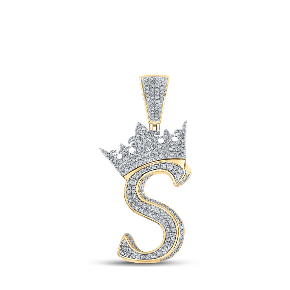 10K Yellow Or Rose Gold Mens Round Diamond Crown Letter Charm Pendant