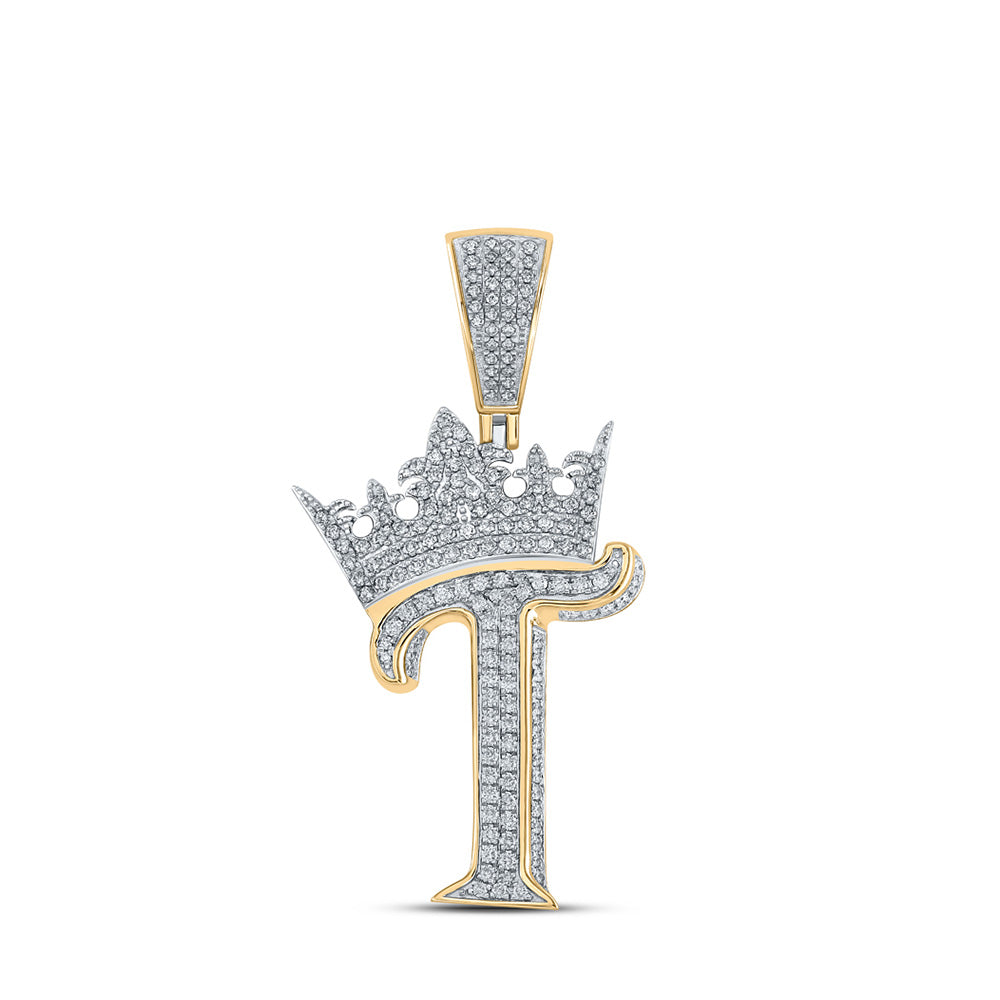 10K Yellow Or Rose Gold Mens Round Diamond Crown Letter Charm Pendant