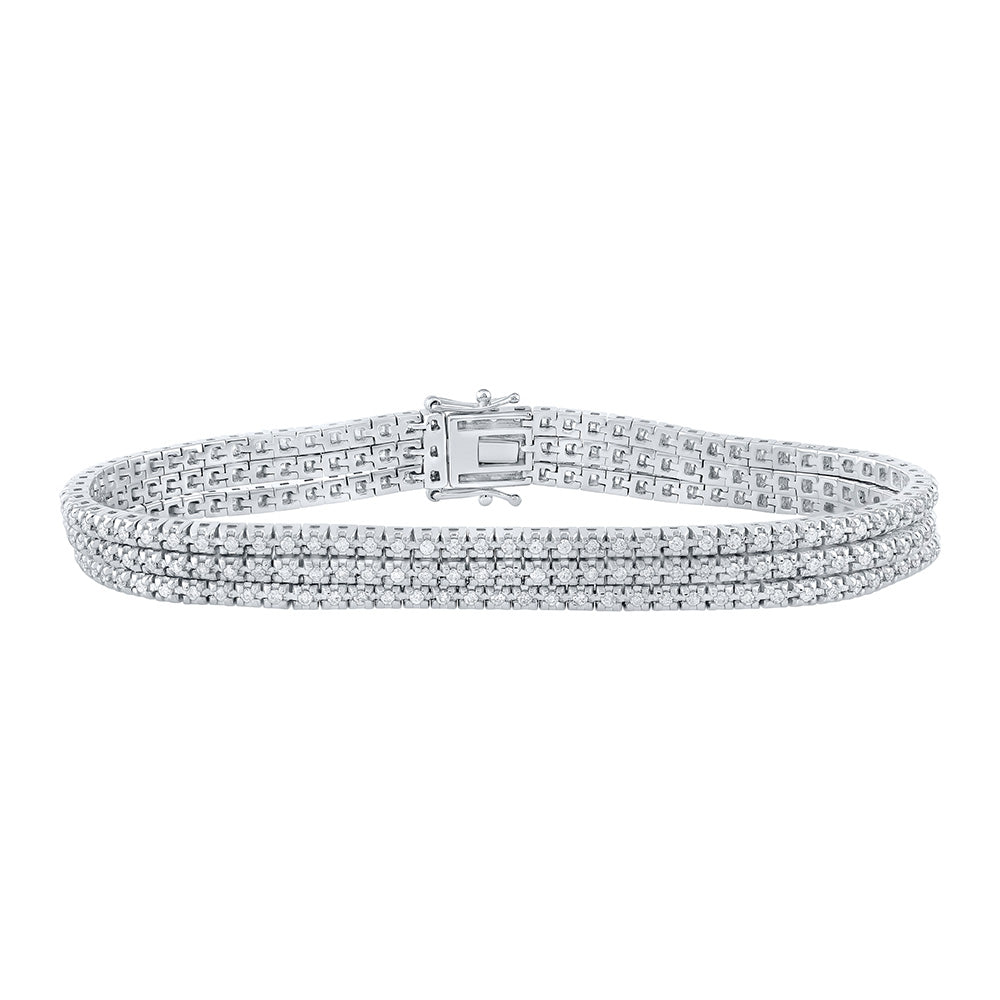 14K White Gold Womens Round Diamond Triple Row Fashion Bracelet 1-3/4 Cttw
