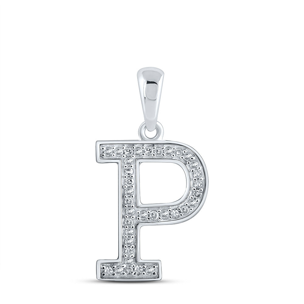 10K White Gold Womens Round Diamond Initial Letter Pendant