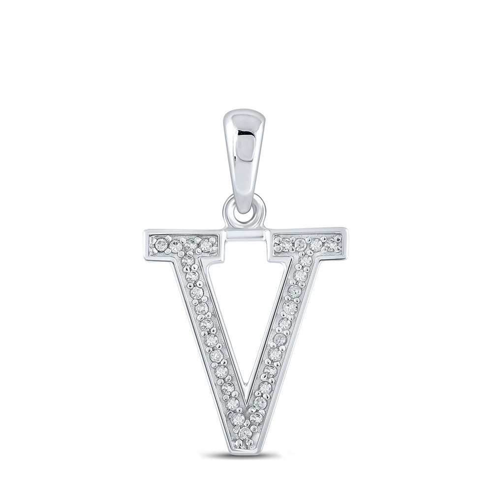 10K White Gold Womens Round Diamond Initial Letter Pendant