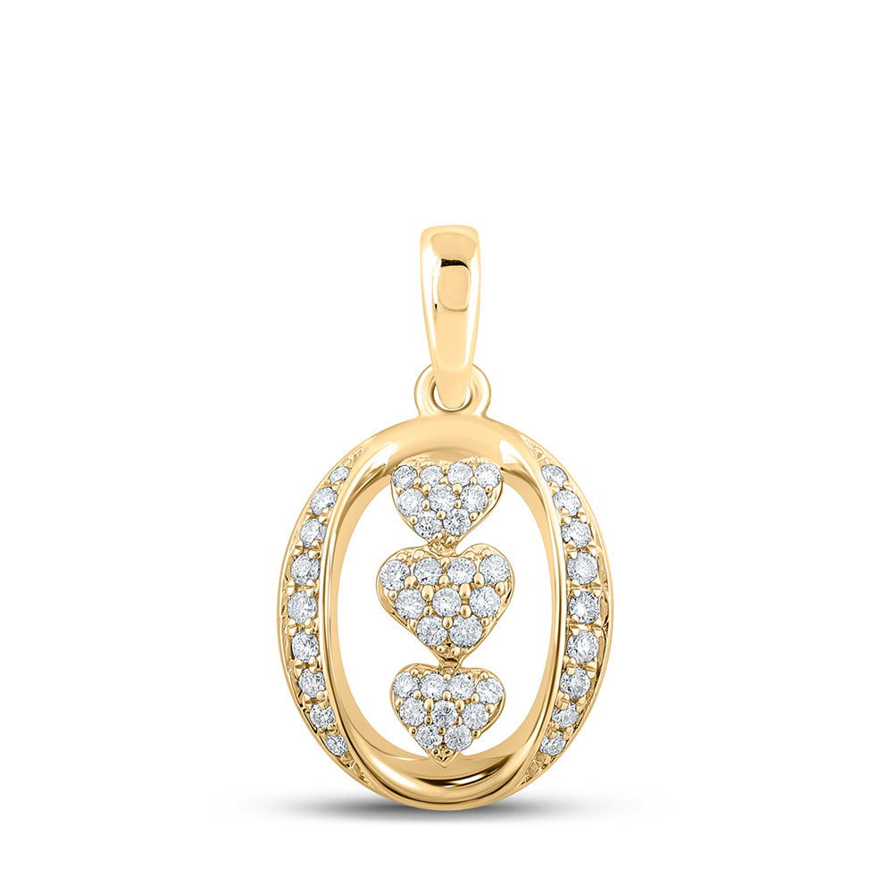 10K Yellow Gold Womens Round Diamond Triple Heart Pendant 1/4 Cttw