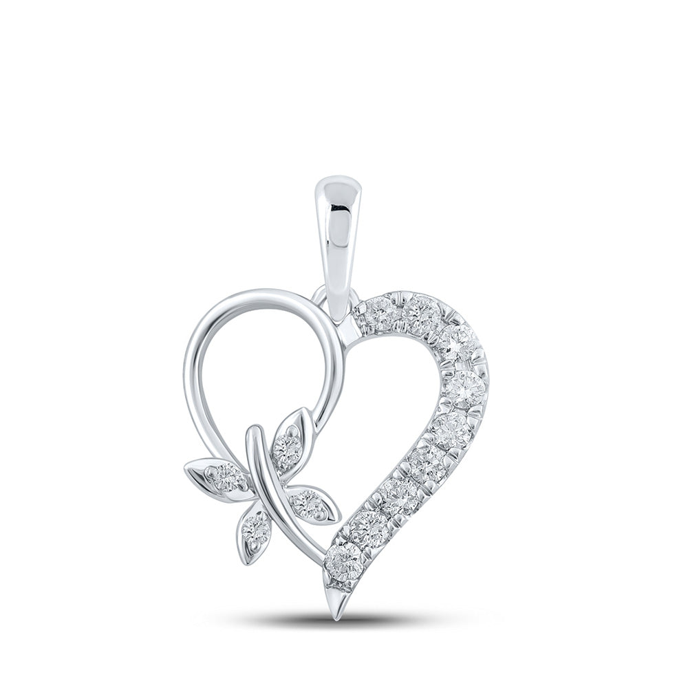 10K White Or Rose Gold Womens Round Diamond Butterfly Heart Pendant