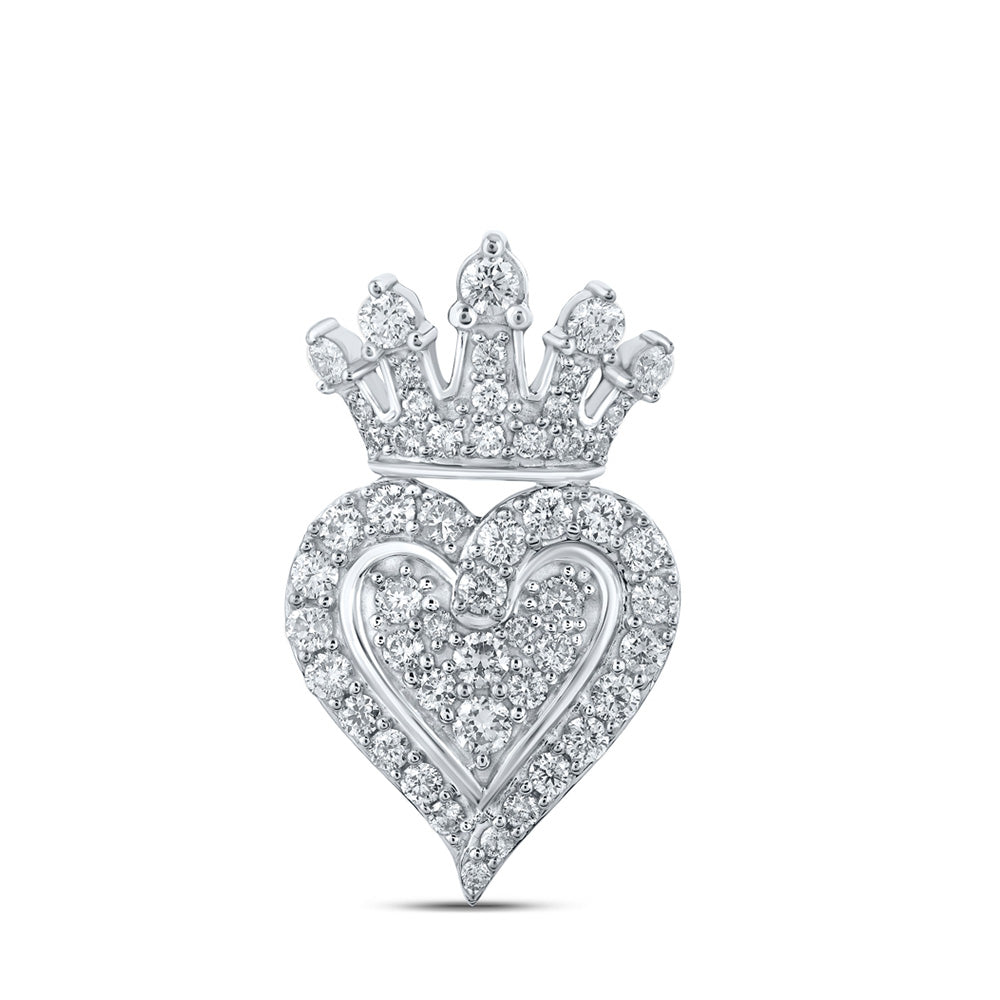 10K White Gold Womens Round Diamond Crown Heart Pendant 3/4 Cttw
