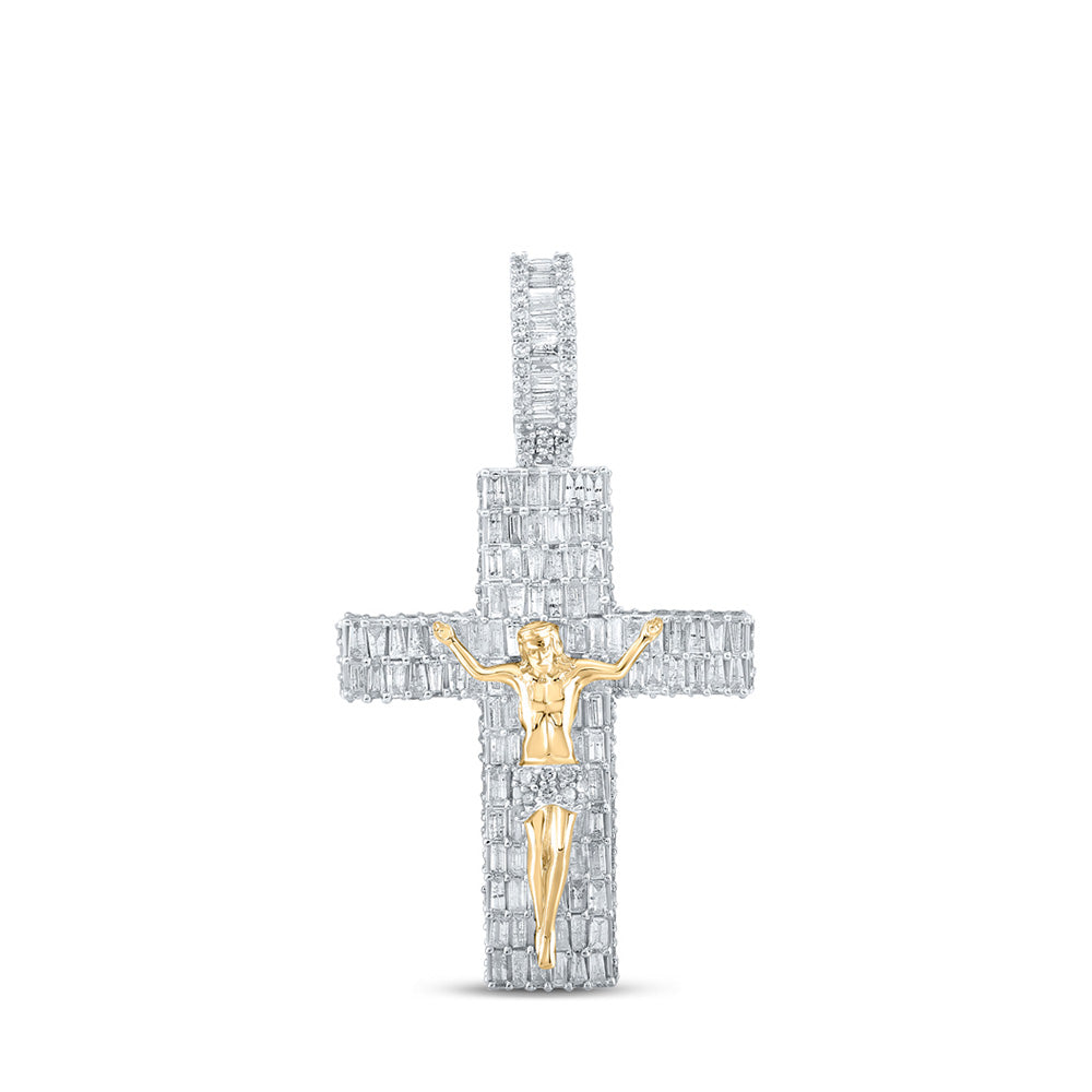 10K Yellow Gold Mens Baguette Diamond Jesus Cross Charm Pendant 3-7/8 Cttw, Length: 2.09 In, Width: 1.14 In