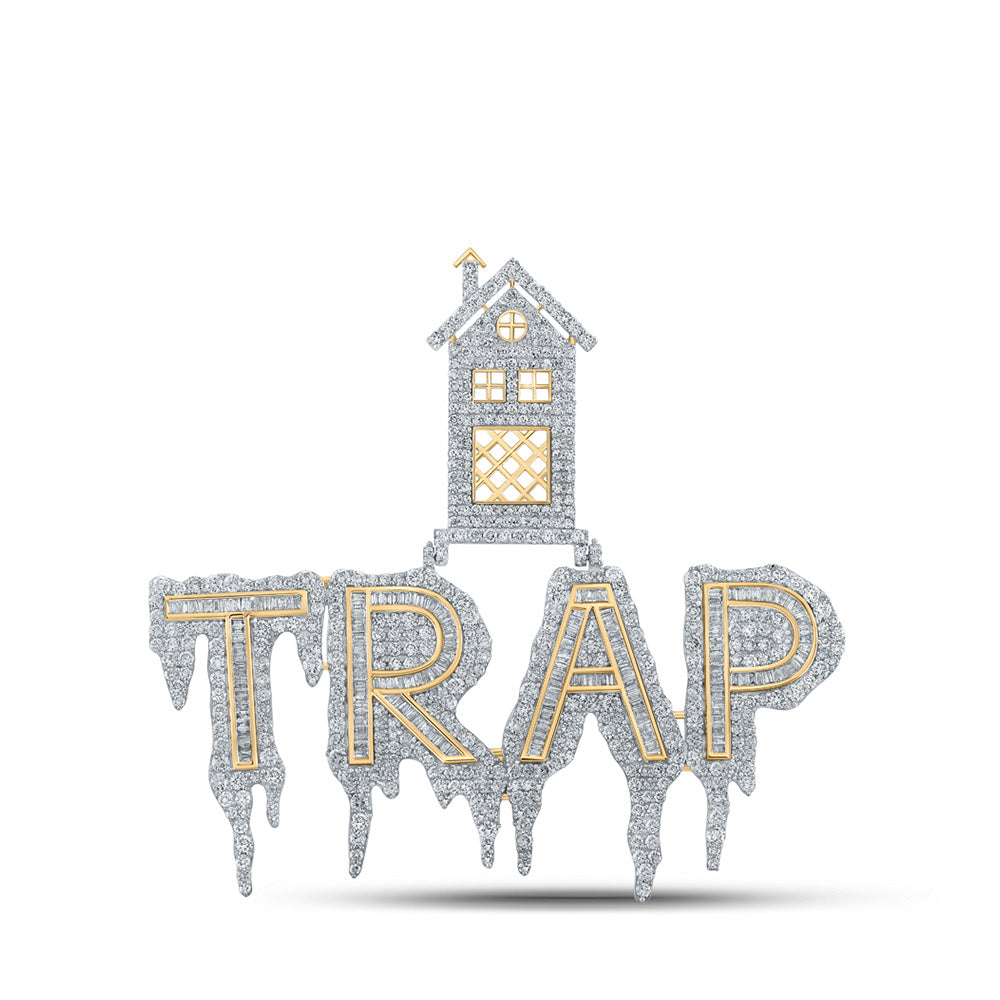 10K Yellow Gold Mens Baguette Diamond Trap House Drip Phrase Charm Pendant 8 Cttw, Length: 2.68 In