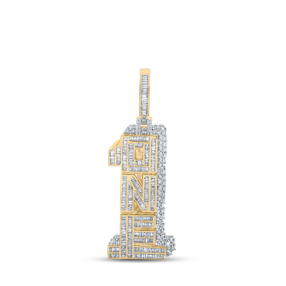 10K Yellow Gold Mens Baguette Diamond Number 1 Charm Pendant 2-5/8 Cttw, Length: 1.28 In, Width: 0.75 In