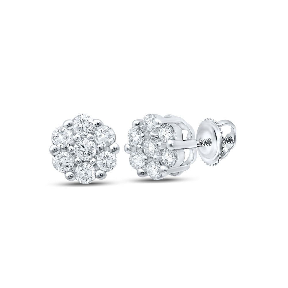 10K White Gold Womens Round Diamond Flower Cluster Earrings 1/5 Cttw