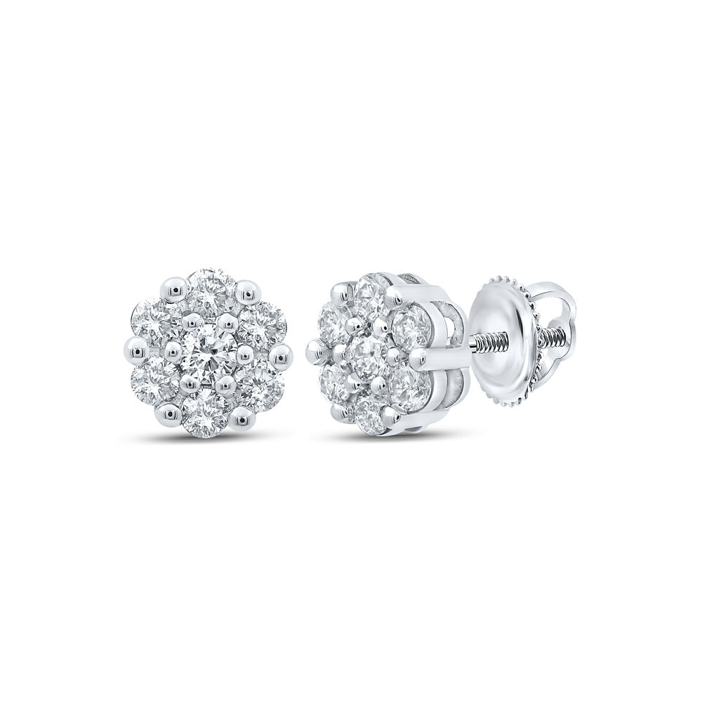 10K White Gold Womens Round Diamond Flower Cluster Earrings 1/2 Cttw