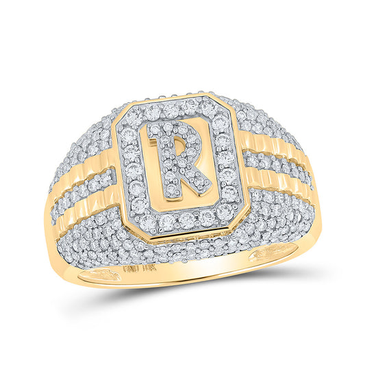 10K Yellow Gold Mens Round Diamond Initial R Letter Ring 1-1/3 Cttw, Mens Size: 7-13
