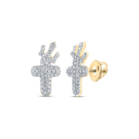 10K Yellow Gold Womens Round Diamond Crown Cross Earrings 1/4 Cttw