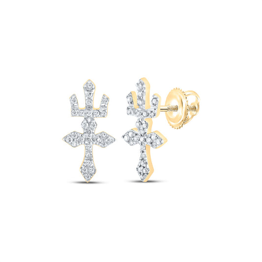 10K Yellow Gold Womens Round Diamond Crown Cross Earrings 1/6 Cttw
