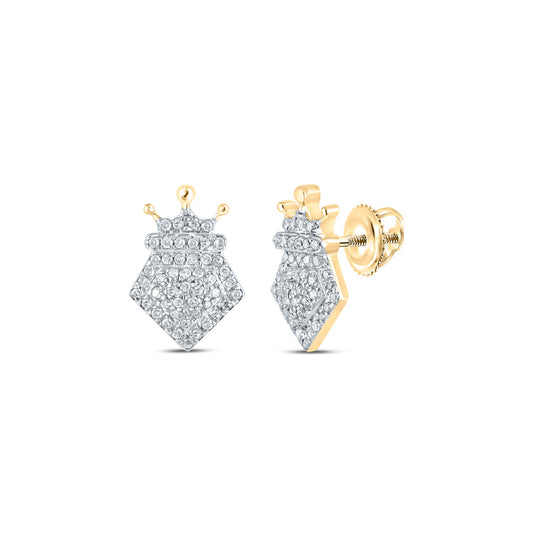 10K Yellow Gold Womens Round Diamond Crown Earrings 1/4 Cttw