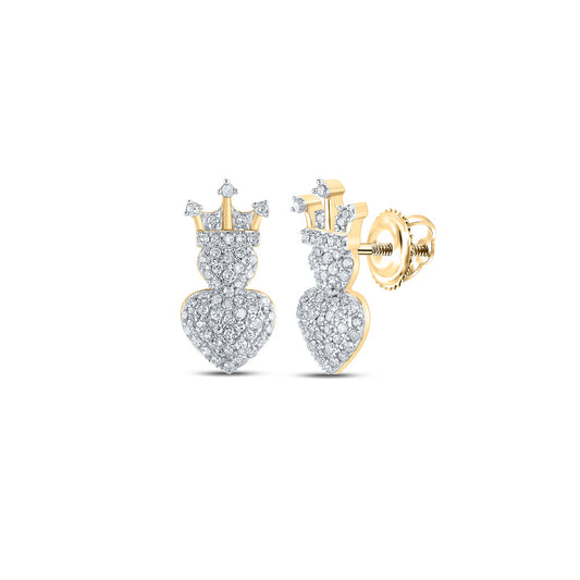 10K Yellow Gold Womens Round Diamond Crown Heart Earrings 1/3 Cttw